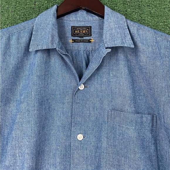Beams Plus Blue Cotton Chambray Camp Collar Button Up Shirt Medium Made in Japan - Picture 2 of 16